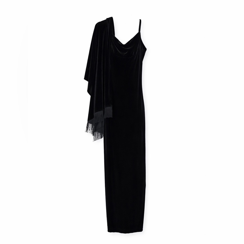 Fashion Bug Black Velvet Maxi Dress & Fringe Shawl Set Size 14